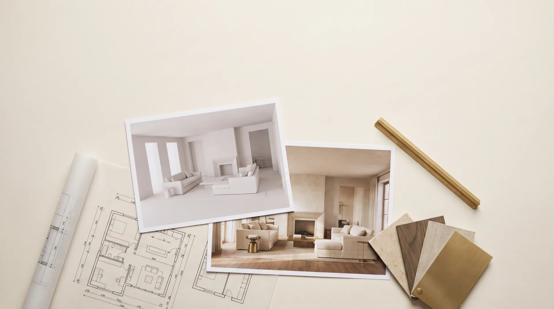 Architektentisch: ein weißes Volumenmodell, der fertige fotorealistische Raum, ein Grundriss und Materialproben